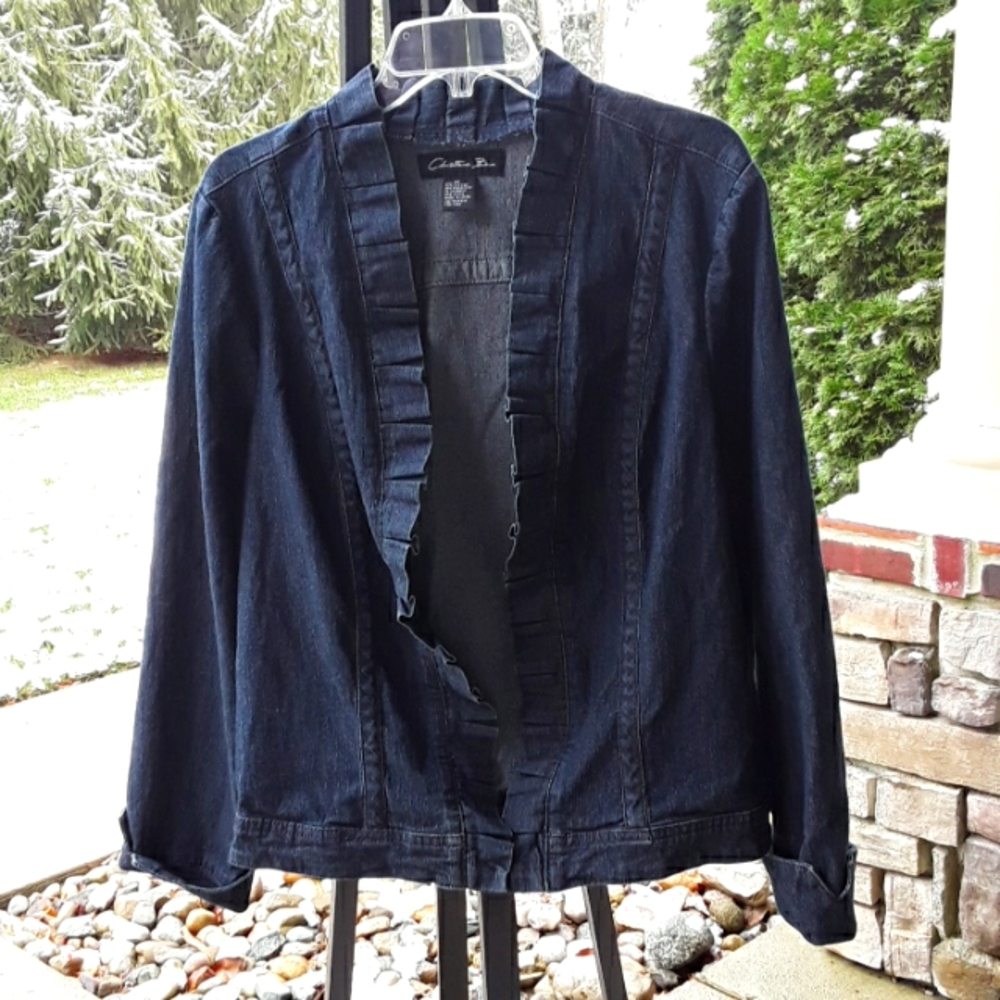 Christiana Zinn Ruffle Denim Blazer Jacket Folded Cuffs Light Stretch Size 2X